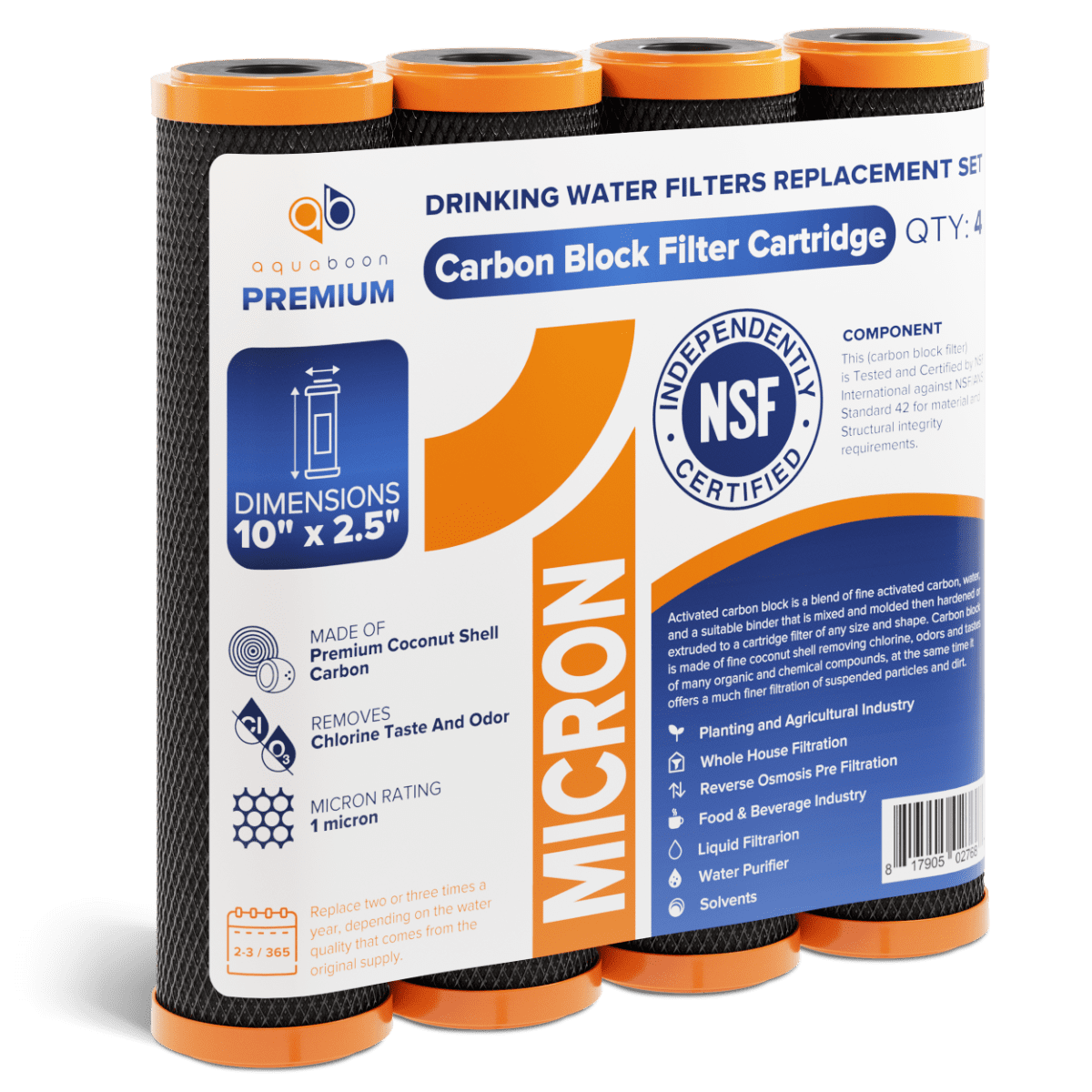 Aquaboon 1 Micron Water Filter 10 x 2.5" Whole House Carbon Water Filter Cartridge Replacement