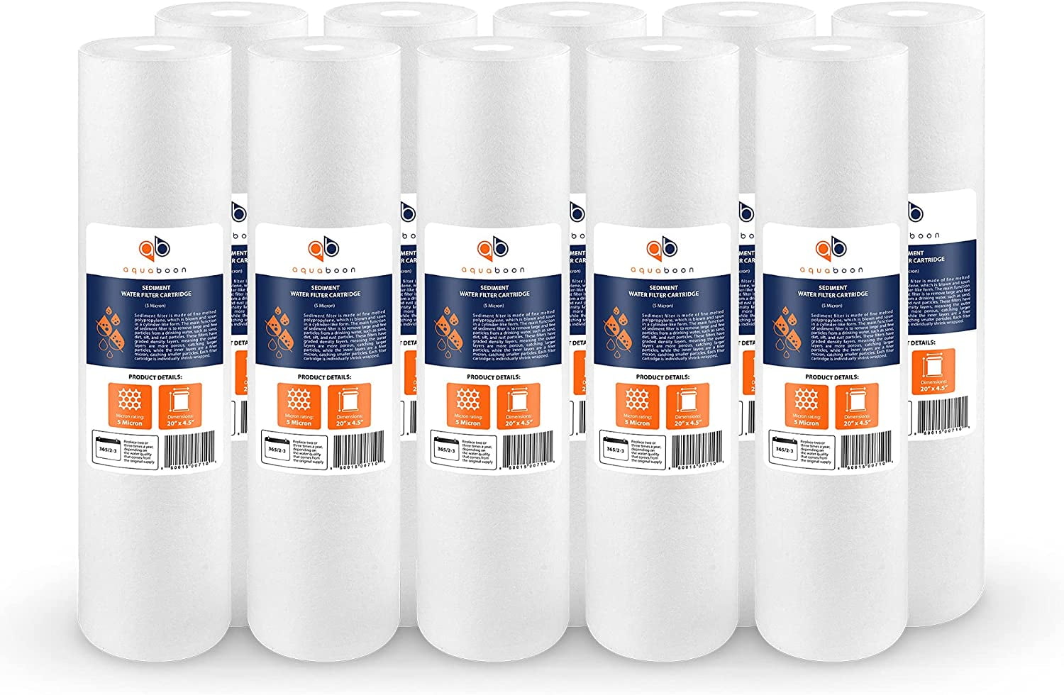 Aquaboon 10-Pack of 5 Micron 20" Sediment Water Filter Replacement Cartridge | Whole House Sediment Filtration | Compatible with AP810-2, SDC-45-2005, FPMB5-20, P5-20, FP25B, 155358-43
