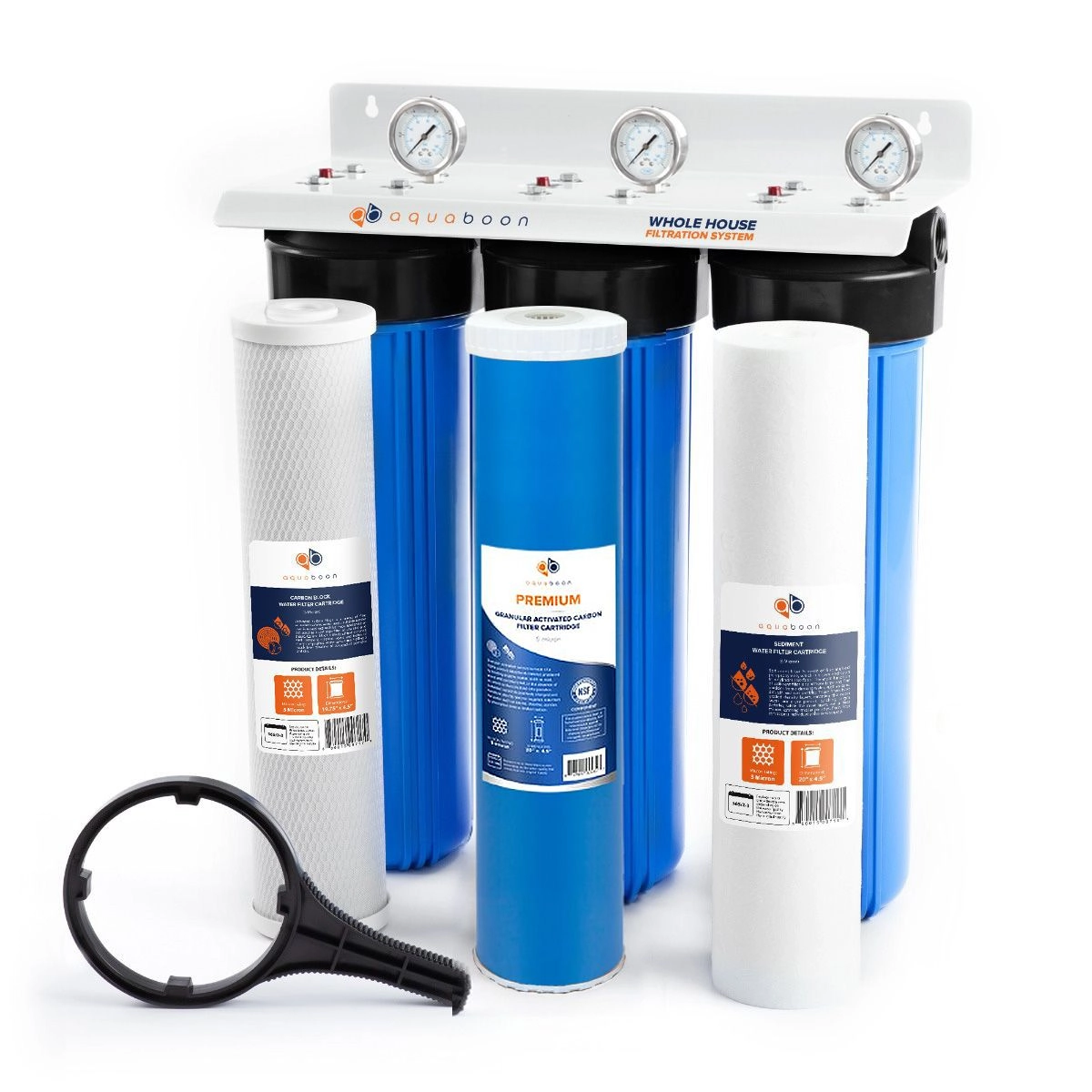 Aquaboon 3-Stage Whole House Water Filter System with Blue Cartridges