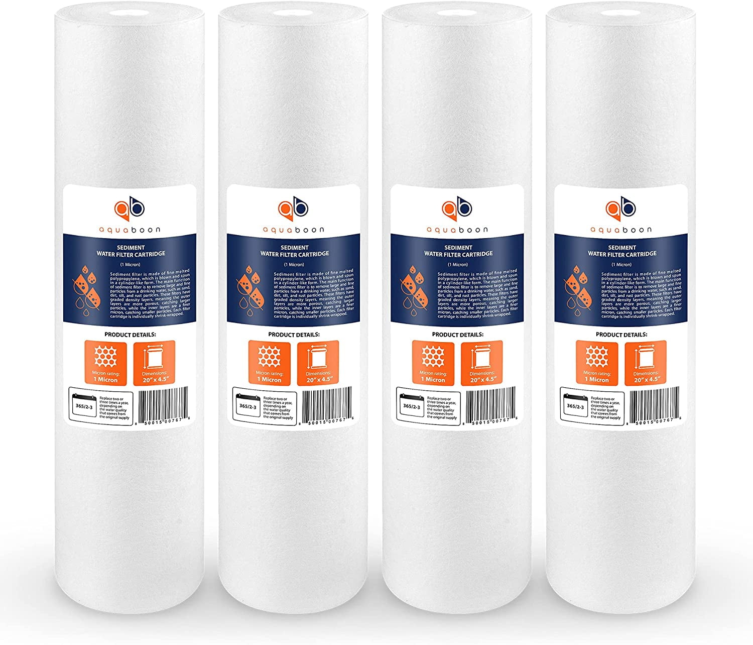 Aquaboon 4-Pack of 1 Micron 20" Sediment Water Filter Replacement Cartridge | Whole House Sediment Filtration | Compatible with AP810-2, SDC-45-2005, FPMB-BB5-20, P5-20BB, FP25B, 155358-43