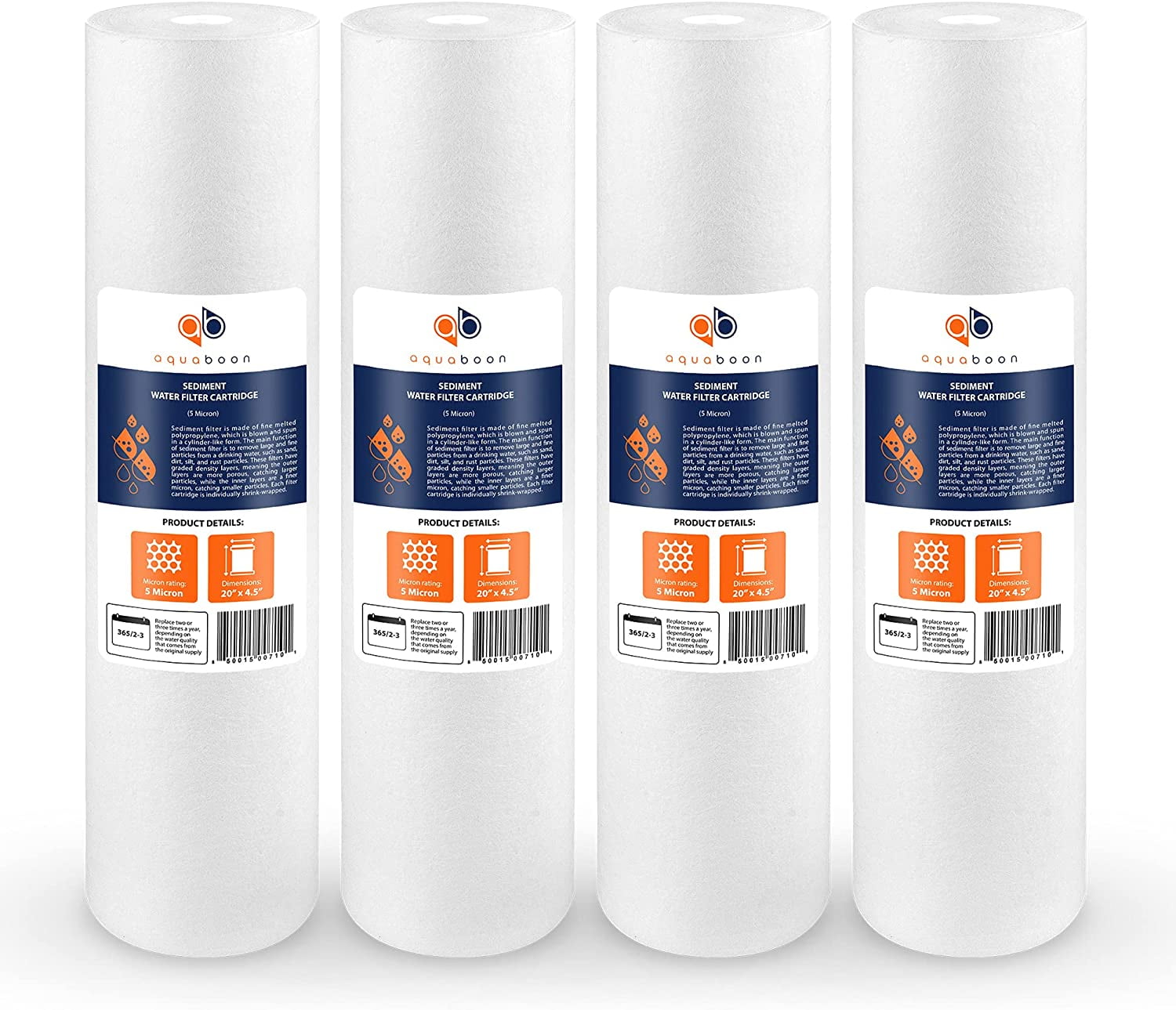 Aquaboon 4-Pack of 5 Micron 20" Sediment Water Filter Replacement Cartridge | Whole House Sediment Filtration | Compatible with AP810-2, SDC-45-2005, FPMB5-20, P5-20, FP25B, 155358-43