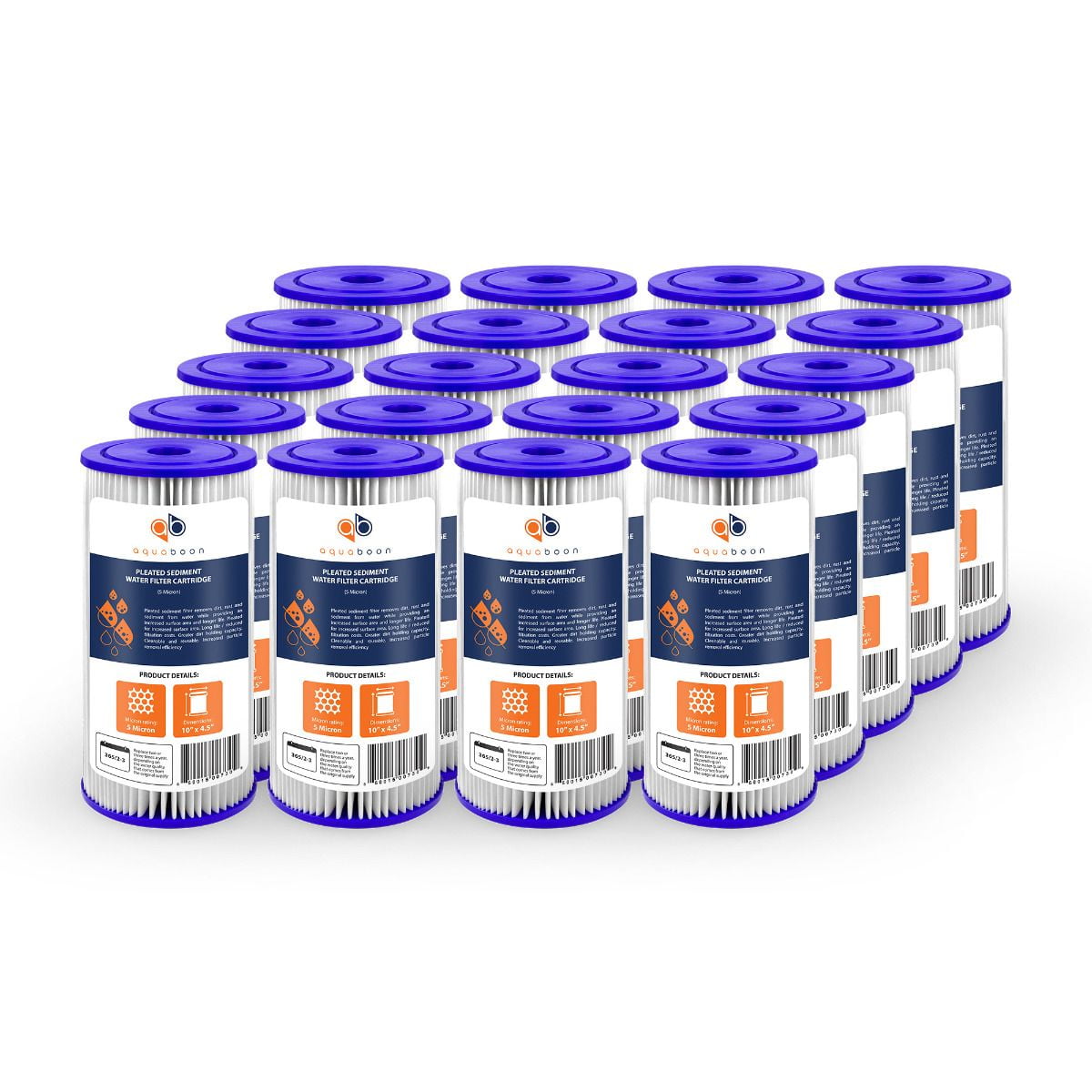 Aquaboon 5 Micron 10" Pleated Sediment Water Filter Replacement Cartridge | Whole House Sediment Filtration | Compatible with FXHSC, ECP5-BB, FM-BB-10-5, CP5-BBS, 255490-43, HDC3001, 20-Pack