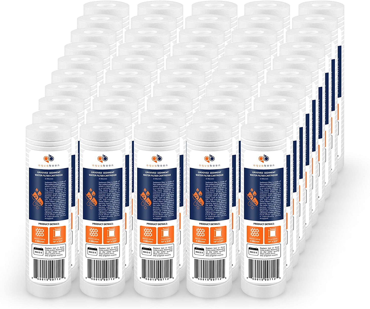 Aquaboon 5 Micron 10" x 2.5" Grooved Sediment Water Filter Replacement Cartridge for Any 10 inch RO Unit | Whole House Sediment Filtration | Compatible with P5, AP110, WFPFC5002, CFS110, RS14, 50-Pack