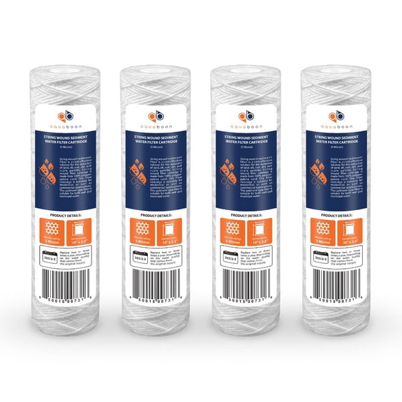 Aquaboon 5 Micron 10" x 2.5" String Wound Sediment Water Filter Cartridge | Universal Replacement for Any 10 inch RO Unit | Compatible with WP-5, AP110, CFS110, P5, WFPFC4002, WP-5, CW-MF, 4-Pack