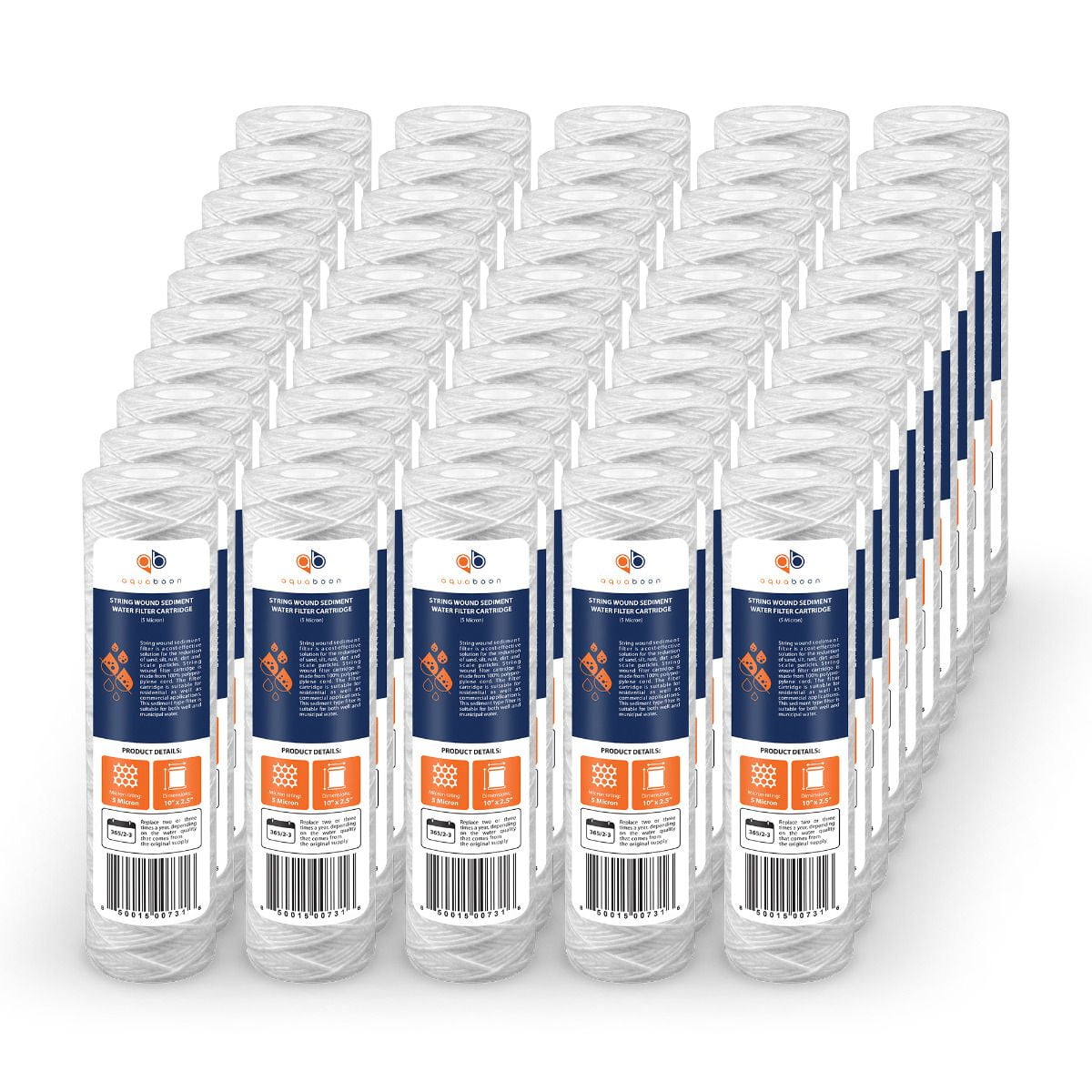 Aquaboon 5 Micron 10" x 2.5" String Wound Sediment Water Filter Cartridge | Universal Replacement for Any 10 inch RO Unit | Compatible with WP-5, AP110, CFS110, P5, WFPFC4002, WP-5, CW-MF, 50-Pack