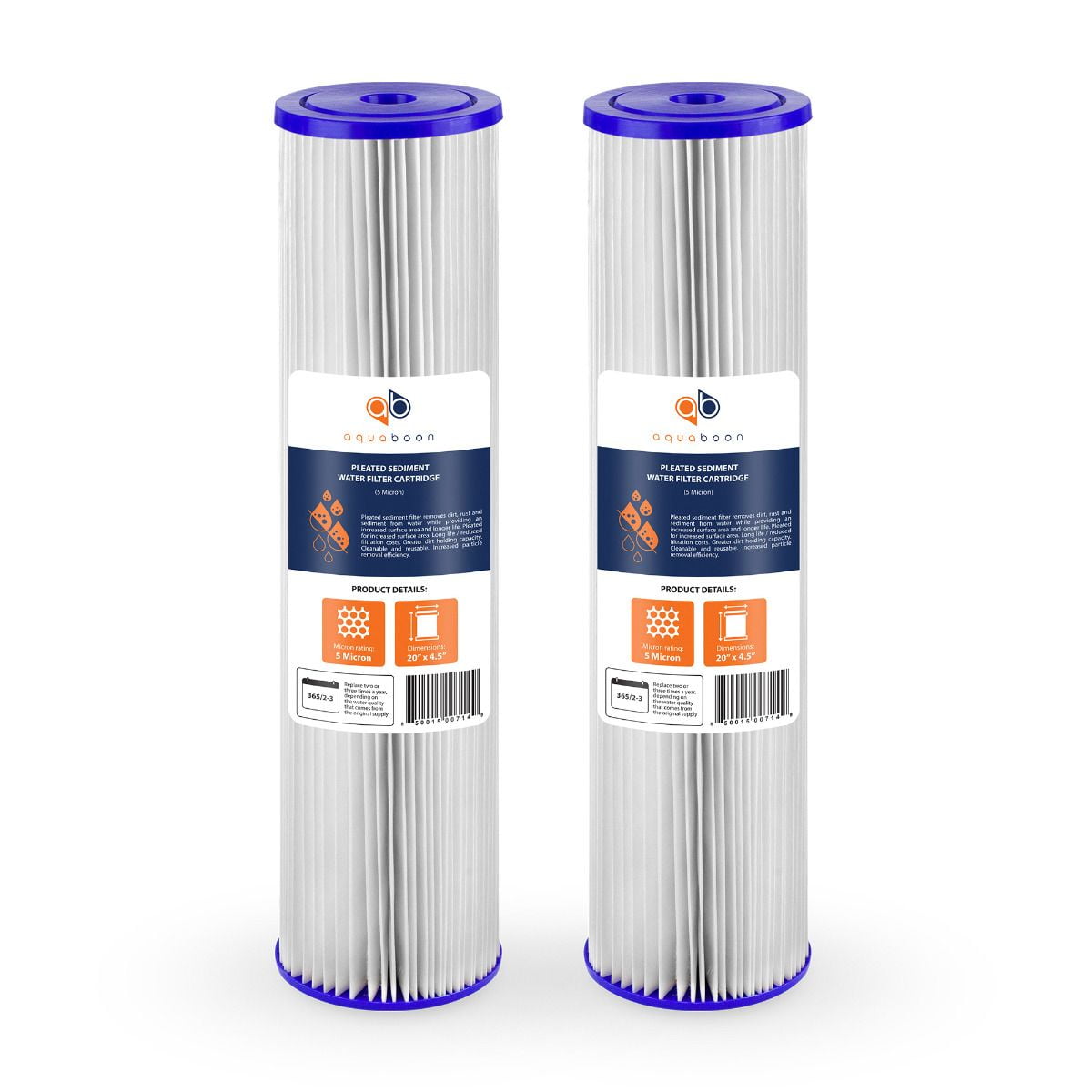 Aquaboon 5 Micron 20" Pleated Sediment Water Filter Replacement Cartridge | Whole House Sediment Filtration | Compatible with ECP5, AP810-2, HDC3001, CP5, SPC-45-1005, ECP1-20, 2-Pack