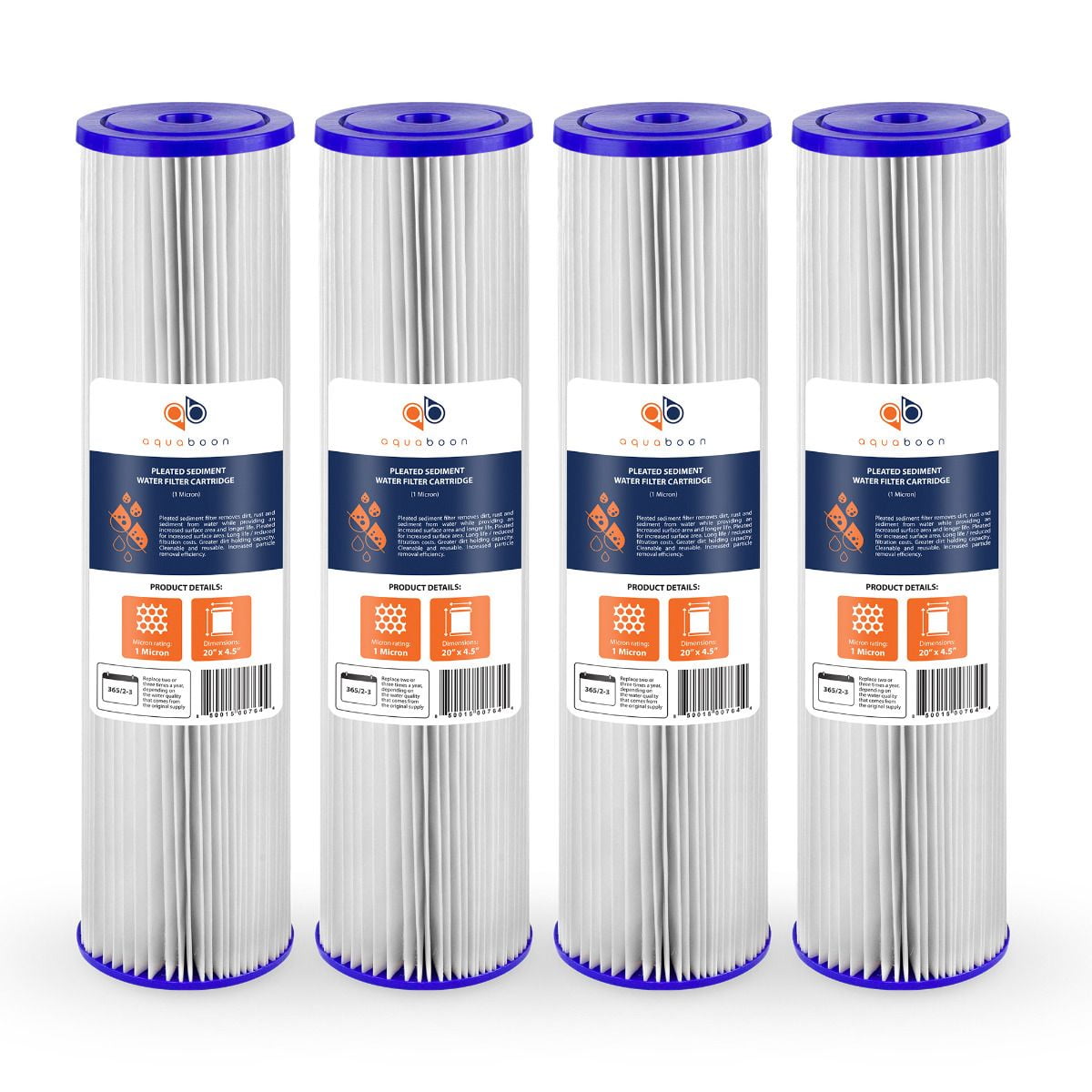 Aquaboon 5 Micron 20" Pleated Sediment Water Filter Replacement Cartridge | Whole House Sediment Filtration | Compatible with ECP5-BB, AP810-2, HDC3001, CP5-BB, SPC-45-1005, ECP1-20BB, 4-Pack