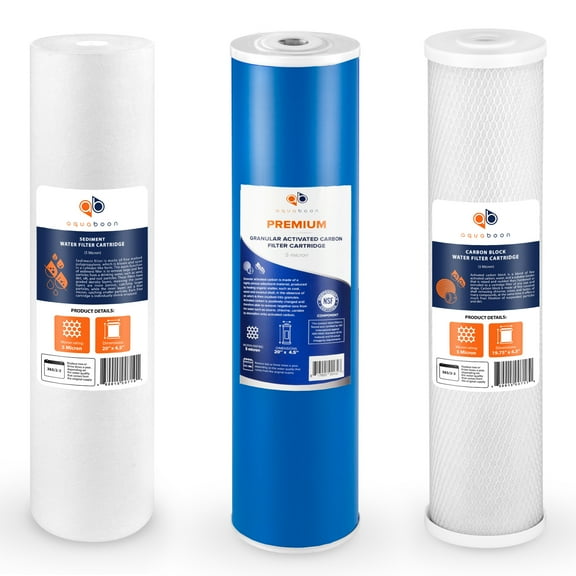 Aquaboon 5 Micron Big Blue 20" x 4.5" GAC, CTO Carbon Block & Sediment Replacement Filter Cartridges Set | 1 set, 3 packs EP20-BB, 2C-20BB, 155358-43, DGD-5005-20