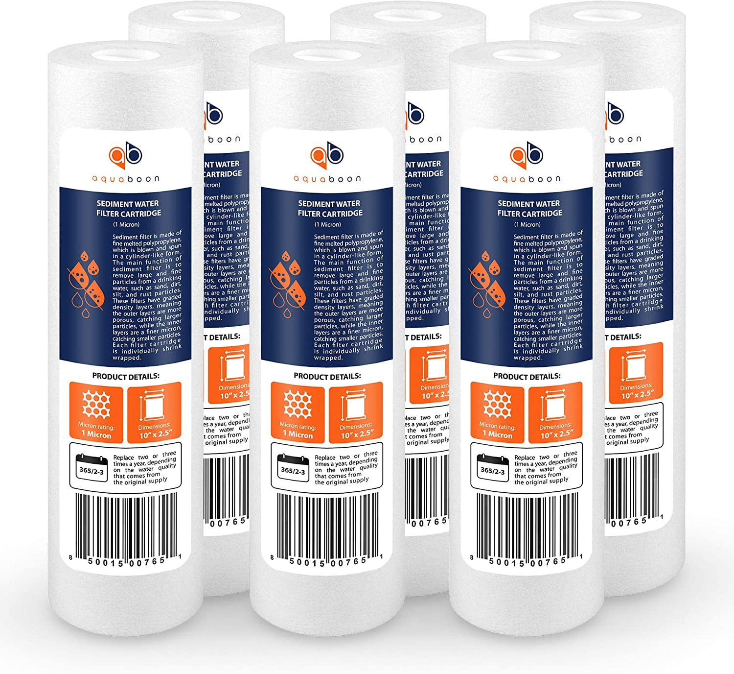 Aquaboon 6-Pack 1 Micron 10" Sediment Water Filter Replacement Cartridges