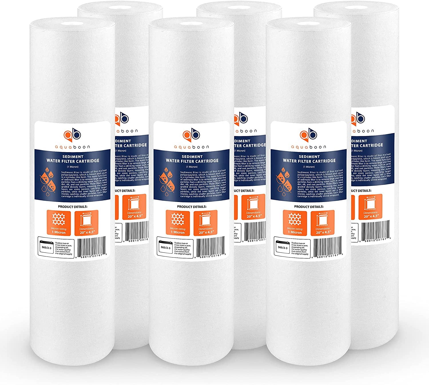 Aquaboon 6-Pack of 1 Micron 20" Sediment Water Filter Replacement Cartridge | Whole House Sediment Filtration | Compatible with AP810-2, SDC-45-2005, FPMB-BB5-20, P5-20BB, FP25B, 155358-43