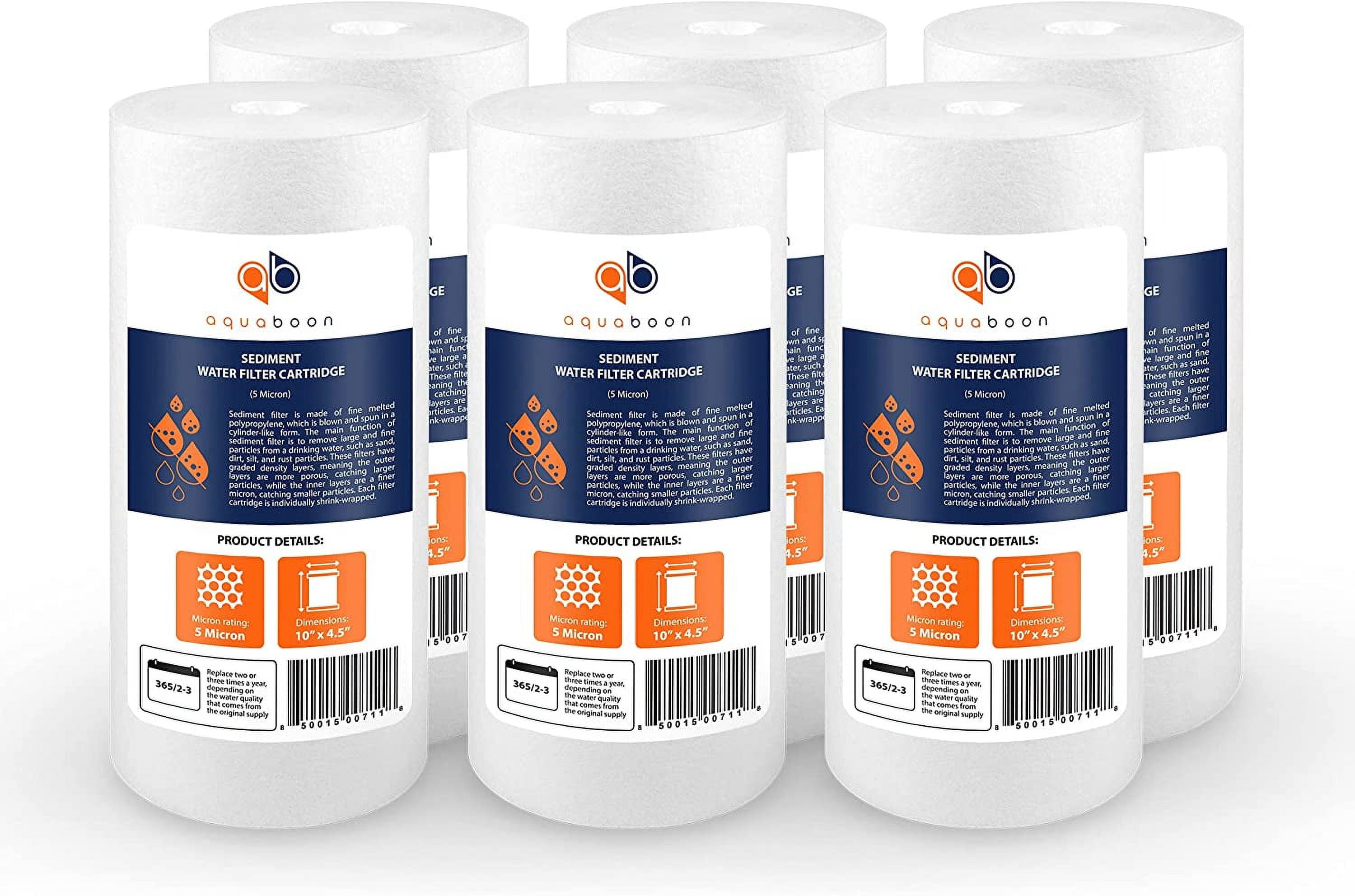Aquaboon 5 Micron 10 x 4.5 Well Water Sediment Filter Replacement Whole House Water Filter Cartridge Compatible with DGD-5005, WFHD13001B, 6-Pack