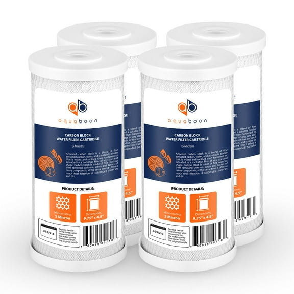Aquaboon Coconut Shell Water Filter Cartridge | Activated Carbon Block CTO | Universal Whole House 5 Micron 10 inch Cartridge | Compatible with WFHDC8001, CB-BB-10, EPM, EP-BB 4-Pack