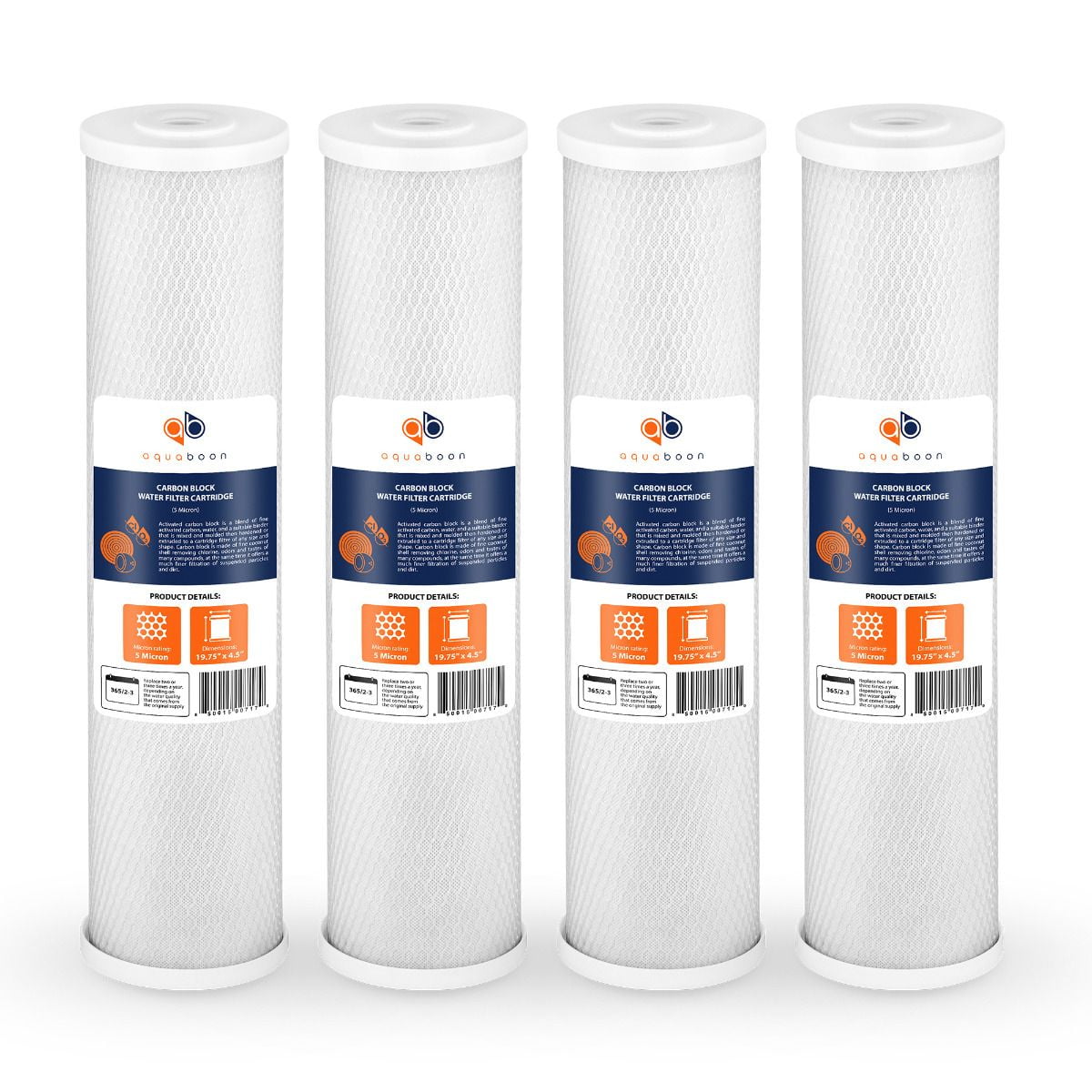 Aquaboon Coconut Shell Water Filter Cartridge | Activated Carbon Block CTO | Universal Whole House 5 Micron 20 inch Cartridge | Compatible with EPM-20, CB-20, 155783-43, FC25B 4-PACK