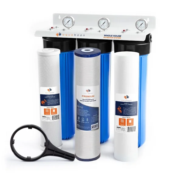 Aquaboon Whole House Water Filter System for Well Water - w/ 5 Micron Water Filter 20"x4.5" Sediment, Anti-Scale, CTO Filters - White Coated Bracket, Wrench & Pressure Gauge & Release Button 1" Port