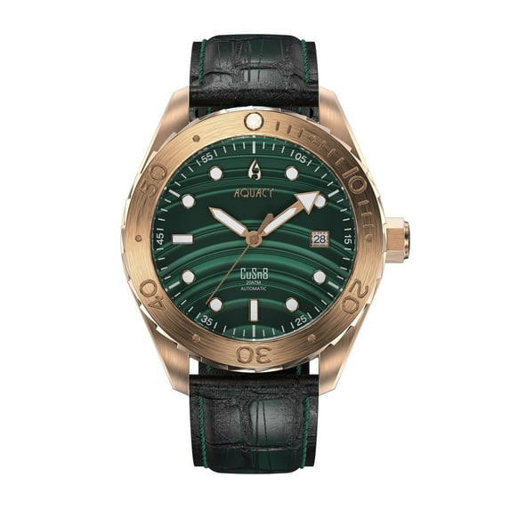 Aquacy Bronze CuSn8 Malachite Automatic Diver Watch BR.MALA.8215.L - Screw Down 316L Stainless Case Back - 200M Water Resistance - 40 Hours Approx Power Reserve Dive Swimming Wrist Watches For Men