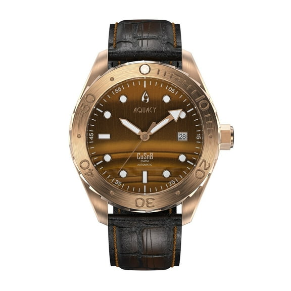 Aquacy Bronze CuSn8 Men's Tigers Eye Automatic Diver Watch BR.TEG.8215.L - Screw Down 316L Stainless Case Back - 200M Water Resistance - Rotating Bezel Dive Swimming Wrist Watches For Men