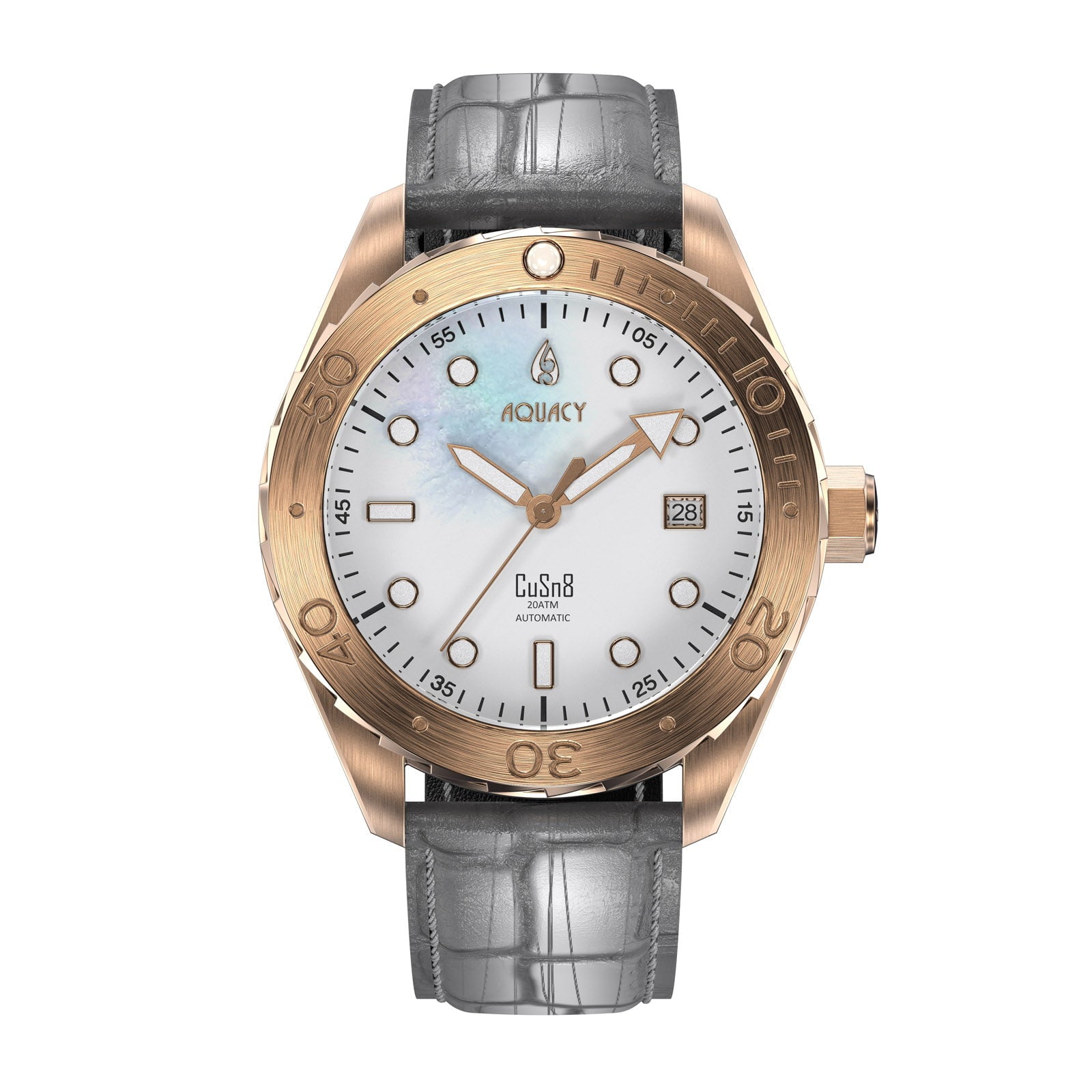 Bronze CuSn8 Mother Of Pearl Automatic Diver Watch BR.WMOP.8215.L - Screw Down 316L Stainless Case Back - 200M Water Resistance - Uni-Directional Bezel Dive Swimming Wrist Watches For Men