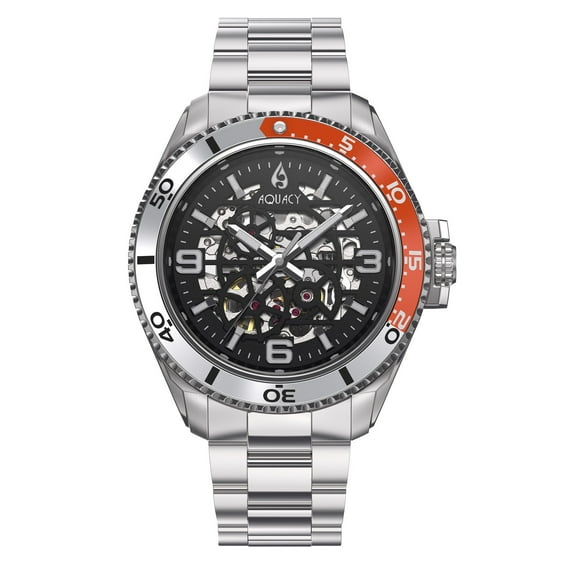 Aquacy Hei Matau Skeleton Black Dial Orange/Silver Bezel Automatic Diver Watch SK.SV.OR.BK.ST - See Thru Case Back - 200M Water Resistance - 42 Hours Power Reserve Dive Swimming Wrist Watches For Men