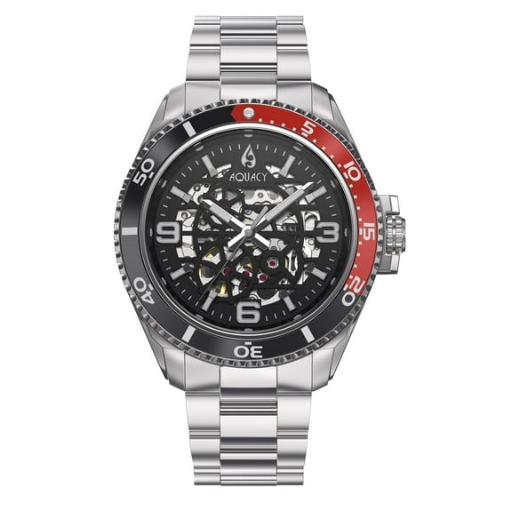 Aquacy Hei Matau Skeleton Black Dial Red Bezel Automatic Diver Watch SK.BK.RD.BK.ST - Screw Down See Thru Case Back - 200M Water Resistance - 42 Hours Power Reserve Dive Swimming Wrist Watches For Men