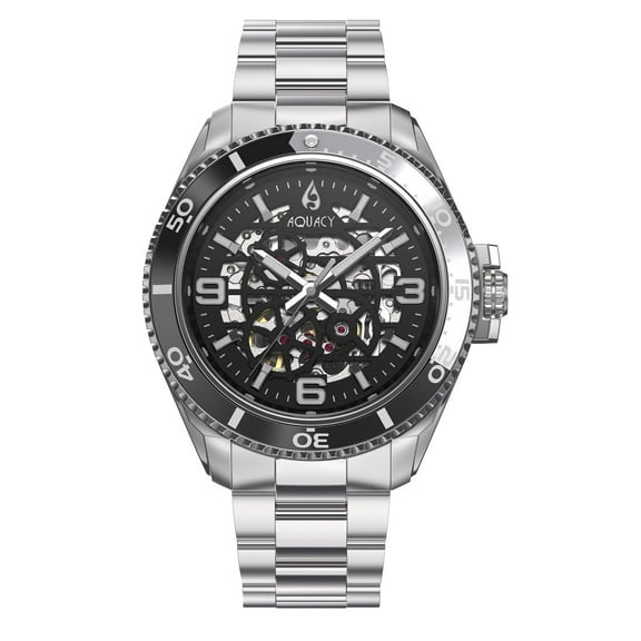 Aquacy Hei Matau Skeleton Black Dial Silver/Black Bezel Automatic Diver Watch SK.BK.SV.BK.ST - See Thru Case Back - 200M Water Resistance - 42 Hours Power Reserve Dive Swimming Wrist Watches For Men