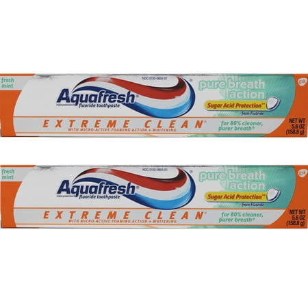 Aquafresh Extreme Clean Pure Breath Action Fluoride Toothpaste, Fresh Mint 5.6 oz (Pack of 2)