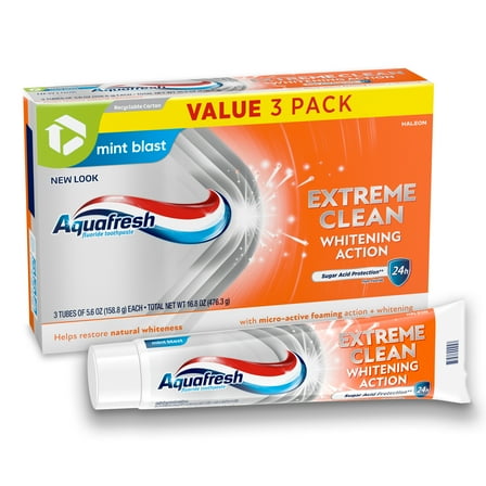 Aquafresh Extreme Clean Whitening Action Fluoride Toothpaste, Fresh Mint Flavor, 5.6 oz, 3 Pack