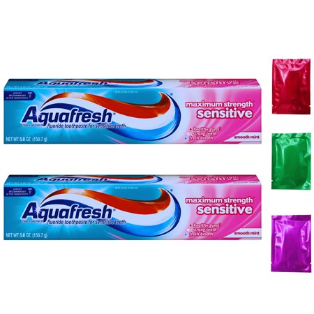 Aquafresh Maximum Strength Sensitive Toothpaste, 5.6oz(Pack of 2) Smooth Mint Triple Protection Fluoride Dentist Recommended for Healthy Gums Strong Teeth Fresh Breath & Bonus Snoep in Beperkte Oplage