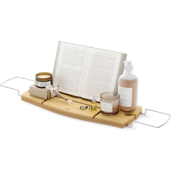 Aquala Bathtub Tray Extendable Caddy with Book Stand and Wine Glass Holder, Natural