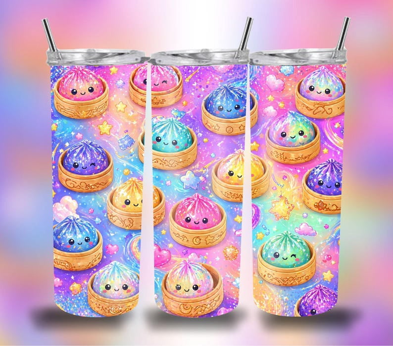 Aqualift Cute Dumpling Printed Tumbler 20oz 40oz, Kawaii Food Stainless Steel Insulated Travel Mug, Pastel Rainbow Faux Glitter Cup Design