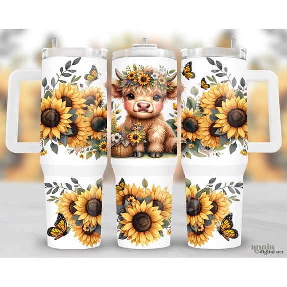 Aqualift Watercolor Highland Cow Sunflower Tumbler - 20oz Skinny & 40oz Quencher Travel Mug - Cute Floral Animal Vacuum Insulated Cup