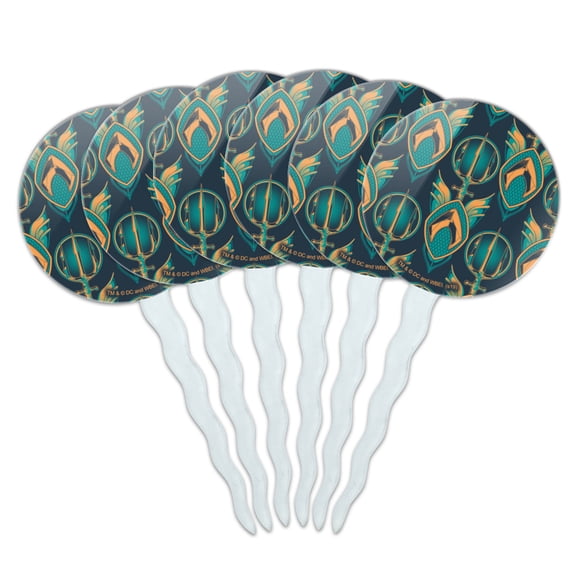 Aquaman Movie Logo Trident Pattern Cupcake Picks Toppers Decoration Set of 6