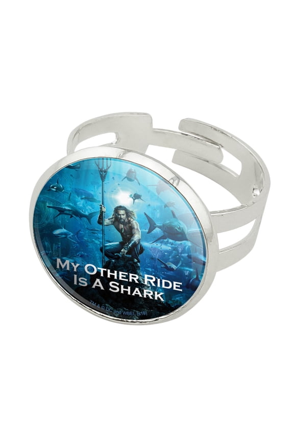 Aquaman Movie My Other Ride is a Shark Silver Plated Adjustable Novelty Ring