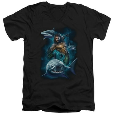 Aquaman Movie Swimming With Sharks S/S Adult V-Neck T-Shirt 30/1 T-Shirt Black