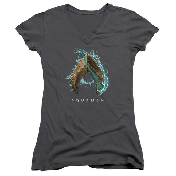 Aquaman Movie Water Shield Junior Women's T-Shirt V-Neck Charcoal