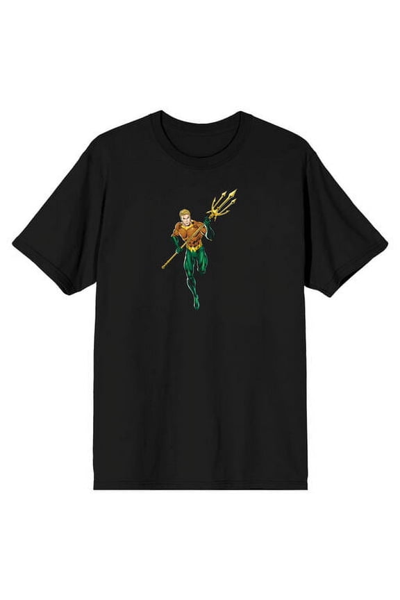 Aquaman Superhero Power Pose Men's Black Graphic Tee-Large