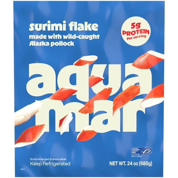 Aquamar Surimi, Flake Style Fresh Imitation Crab, 1- 24 oz, Large Plastic Bag 24oz size plastic bag. 5gr of protein per serving.