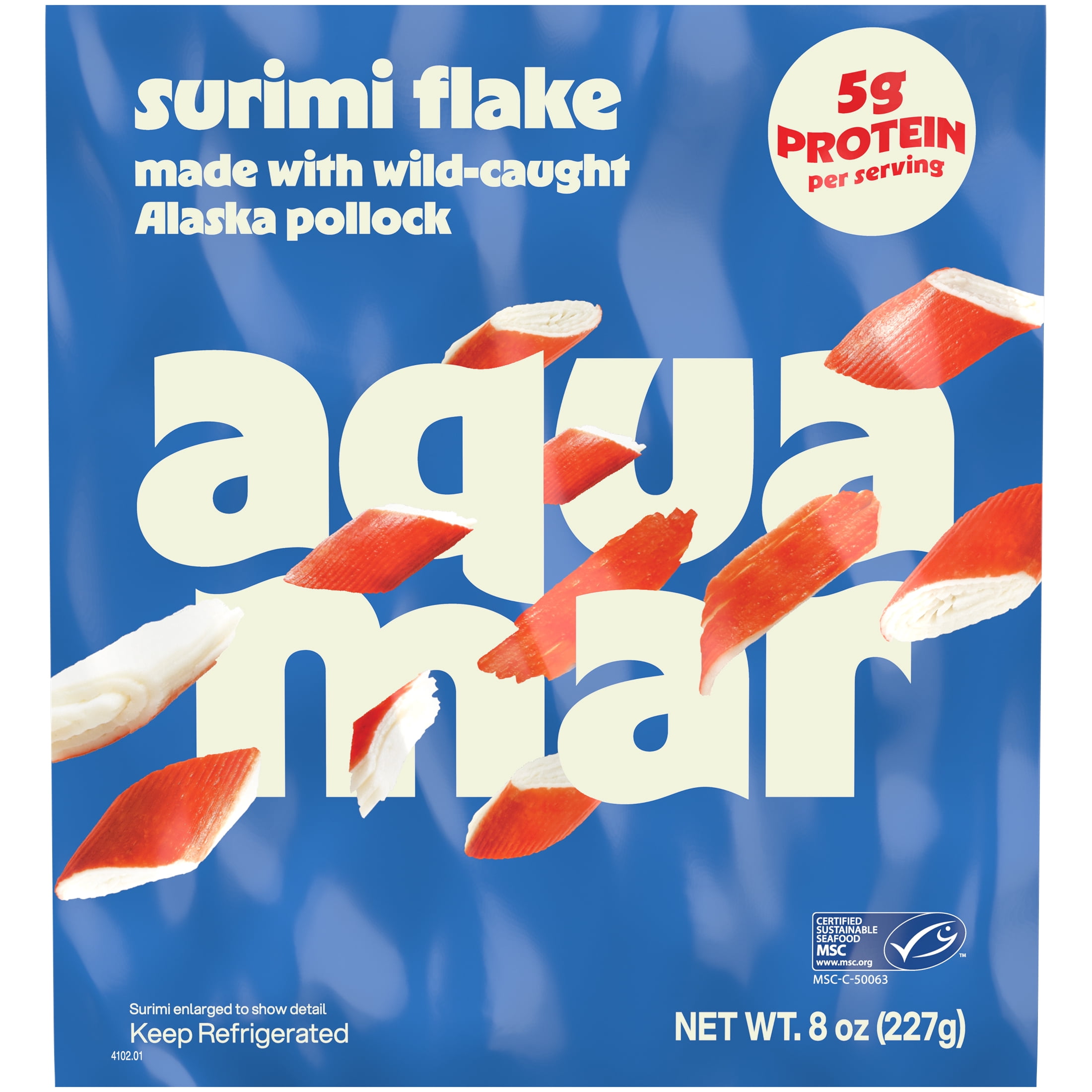 Aquamar Surimi, Flake Style Fresh Imitation Crab, 1- 8 oz Medium Plastic Bag. Contains 5g of Protein per serving.
