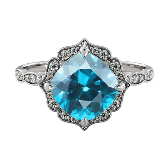 Aquamarine 2.25 ctw Ring with Diamonds 14K White Gold Flower Leaves Halo