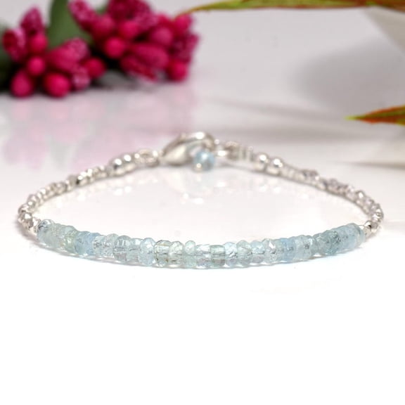Aquamarine 3-3.5mm Rondelle Shape Faceted Cut Beads 7 inch Silver Plated Clasp Bracelet for men, women, unisex. Link Chain Stacking Bracelet.|LINK_00705