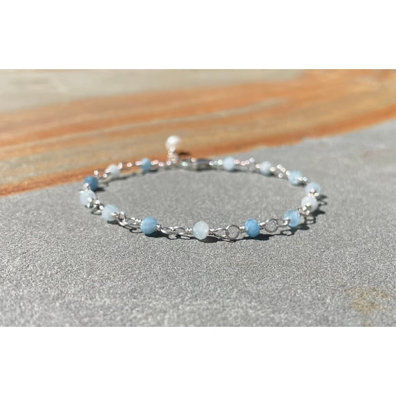 Aquamarine 3.5mm Round Shape Faceted Cut Beads 7 inch Silver Plated Clasp Bracelet for men, women, unisex. Link Chain Stacking Bracelet.|LINK_00797