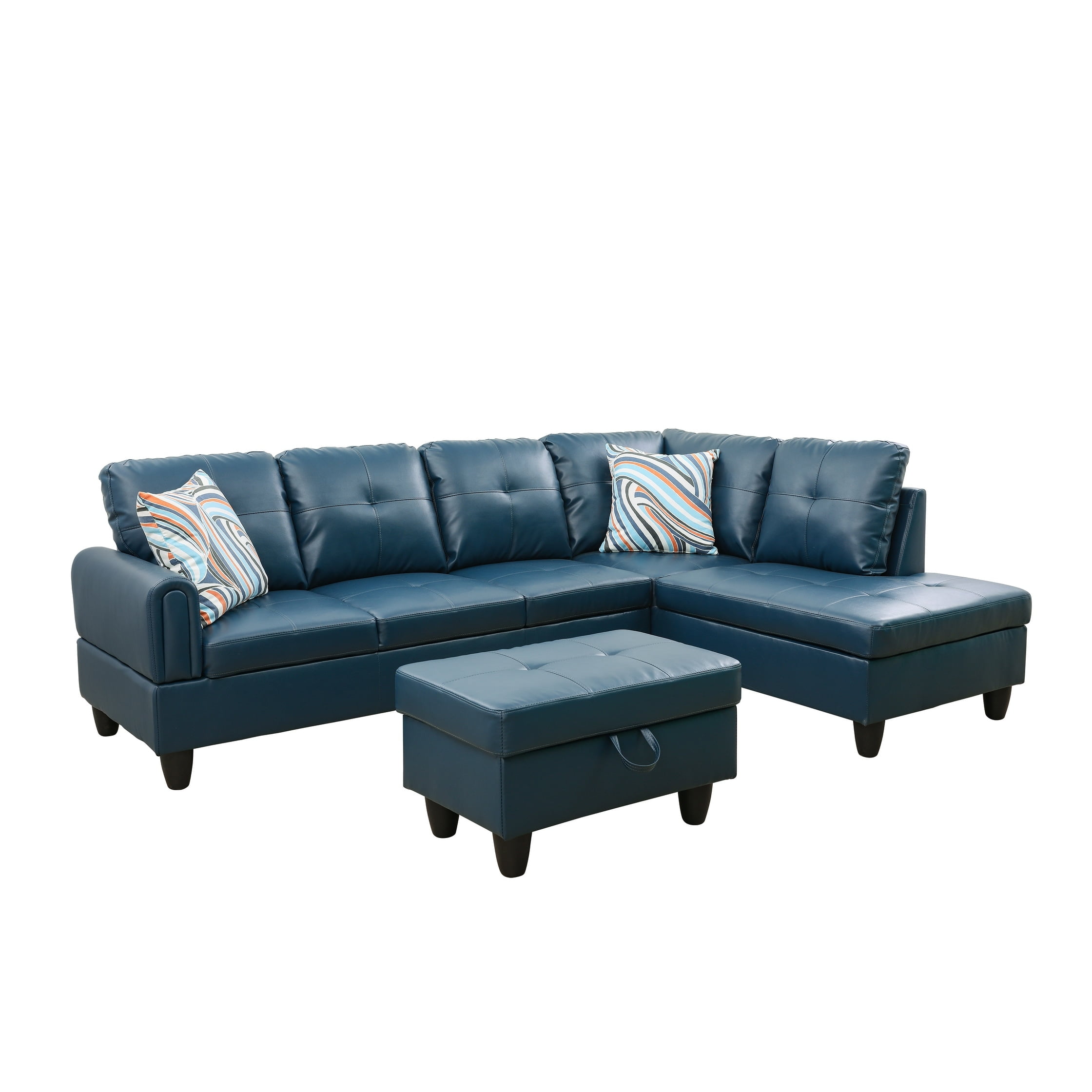 Aquamarine Blue Faux Leather 3-Piece Sectional Sofa with Ottoman