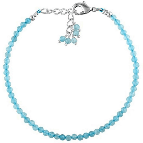 Aquamarine 3mm Round Shape Faceted Cut Beads 7 inch Adjustable Silver Plated Clasp Bracelet for men, women, unisex. Link Chain Stacking Bracelet.|LINK_00817