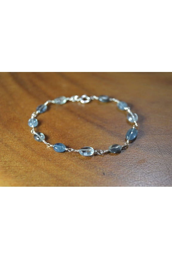 Aquamarine 7x5mm Oval Shape Rough Cut Beads 7 inch Silver Plated Clasp Bracelet for men, women, unisex. Link Chain Stacking Bracelet.|LINK_00660