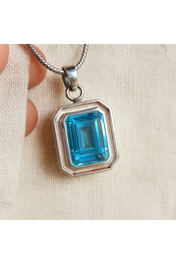 Aquamarine Blue Gemstone Pendant, 925 Sterling Silver, Handcrafted Emerald Cut Gemstone Jewelry