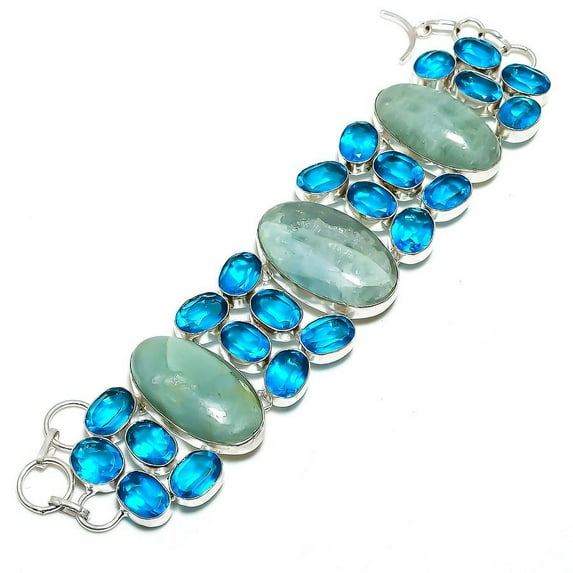 Aquamarine, Blue Topaz Gemstone Handmade 925 Sterling Silver Bracelet 7-8"