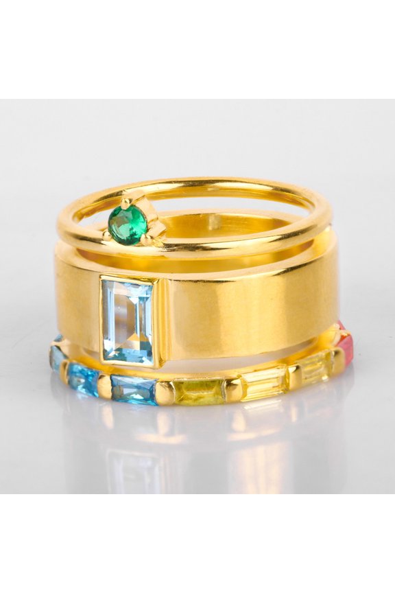 Aquamarine Connected Stacker Gold Linked Spinner Ring, 925 Silver Multi Sapphire Handmade Spinner Ring, Anniversary Ring, Wadding Ring