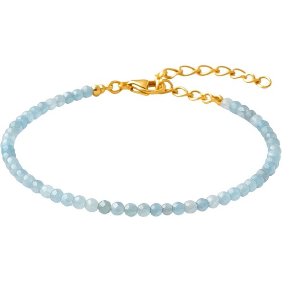 Aquamarine Crystal Bracelet - 2mm Beaded Bracelet and Healing Stones (Faceted, Golden Chain)