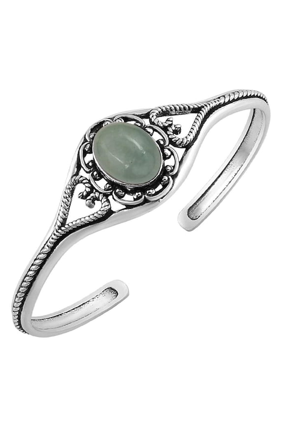 Aquamarine Cuff Bangle Bracelet for Women – Handmade 925 Silver Plated Adjustable Boho Victorian Jewelry – Natural Gemstone March Birthstone Light Weight Statement Bangle – Gift for Her