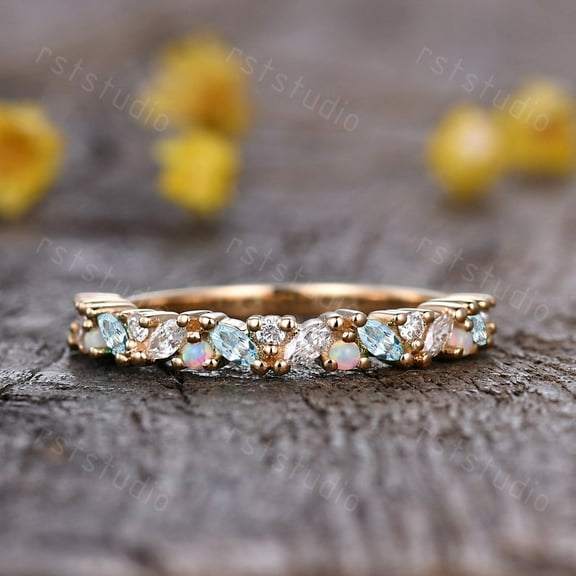 Aquamarine Diamond Wedding Band Gold Opal Ring Bridal Anniversary March Birthstone Gift For Women