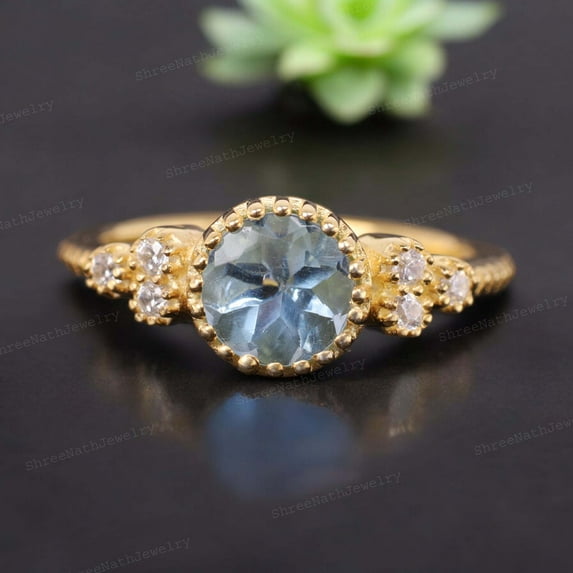 Aquamarine Engagement Ring Yellow Gold Diamond Promise Ring Solitaire Nature Inspired Jewelry Bezel Set Proposal Gift Ring